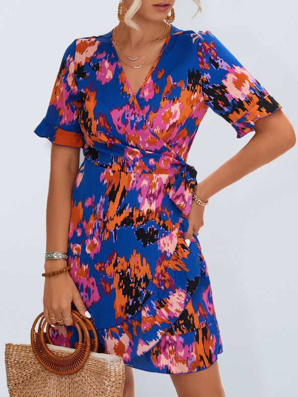 Robe portefeuille tissée à manches courtes et col en V pour femme