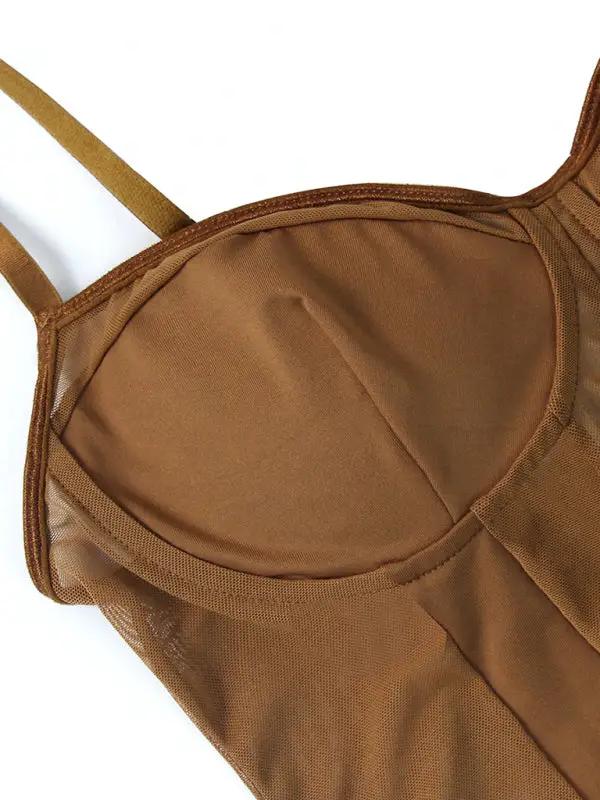 Brown lace mesh stitching jumpsuit detail