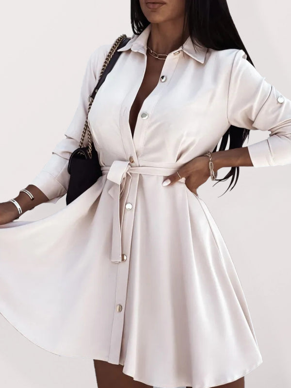 Robe chemise à nouer avec boutons et revers pour femmes européennes et américaines
