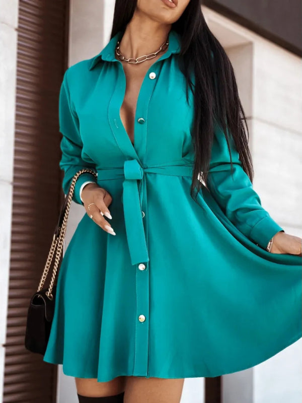 Robe chemise à nouer avec boutons et revers pour femmes européennes et américaines