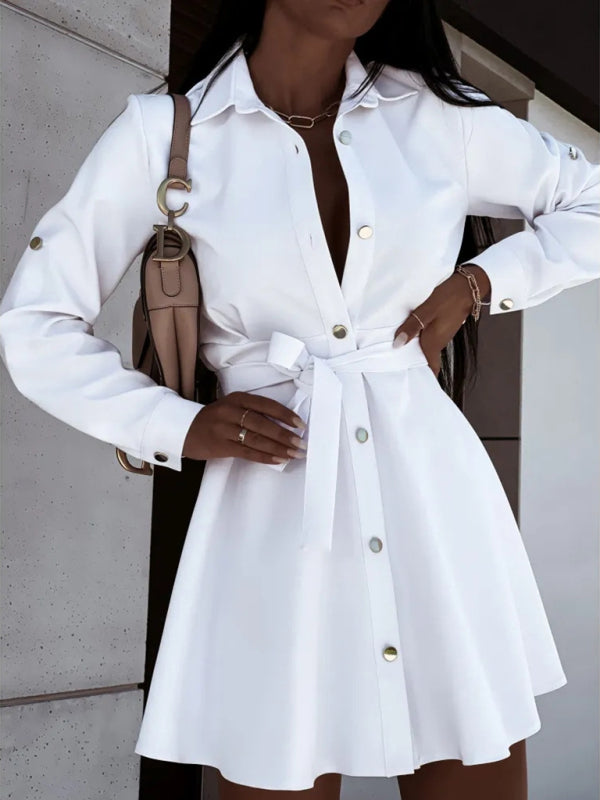 Robe chemise à nouer avec boutons et revers pour femmes européennes et américaines