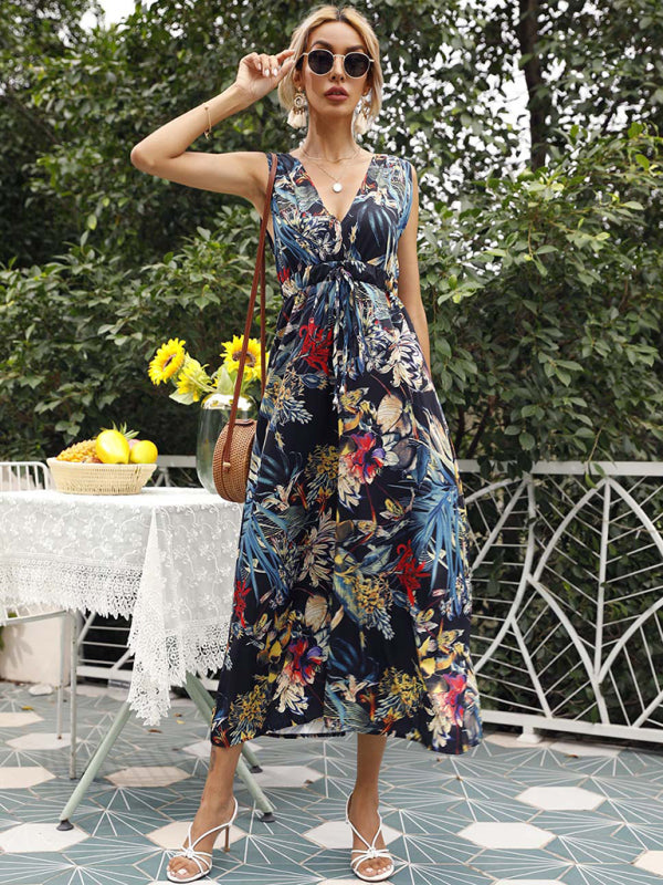 Einreihiges, bedrucktes, kurzärmliges, lässiges Resort-Kleid mit bedruckter Taille