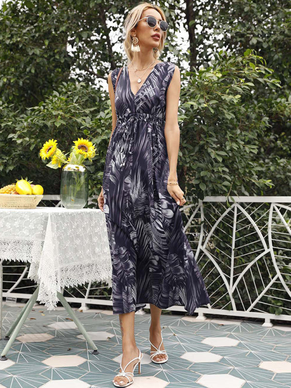 Einreihiges, bedrucktes, kurzärmliges, lässiges Resort-Kleid mit bedruckter Taille