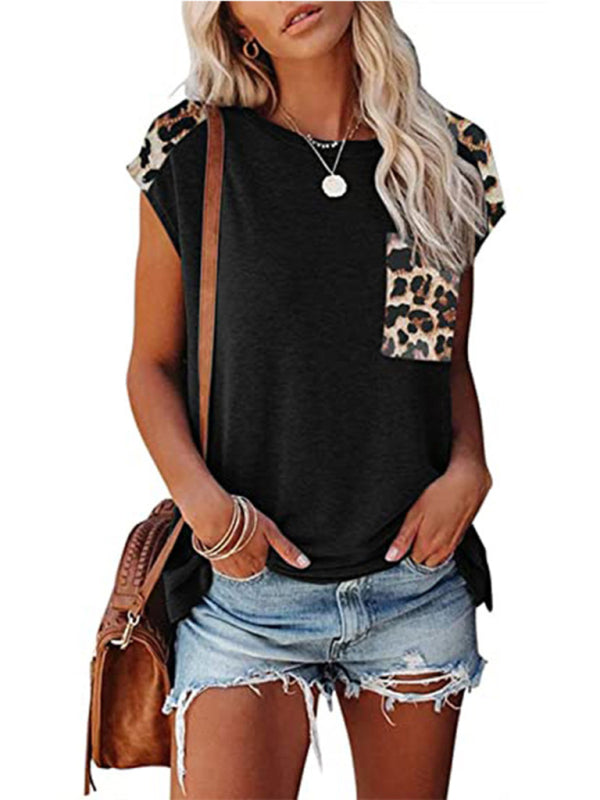 Freizeit-T-Shirt mit Rundhalsausschnitt, Leopardentaschen und Raglanärmeln