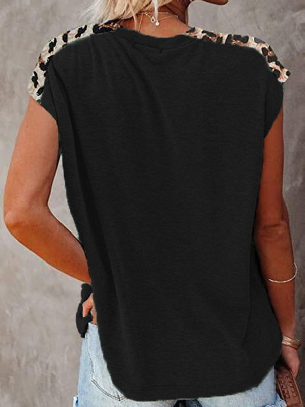 Freizeit-T-Shirt mit Rundhalsausschnitt, Leopardentaschen und Raglanärmeln