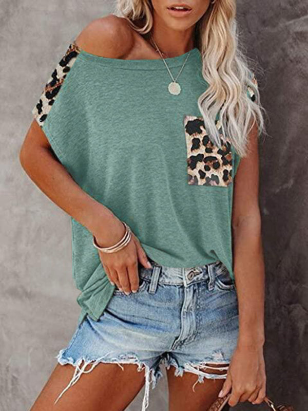 Freizeit-T-Shirt mit Rundhalsausschnitt, Leopardentaschen und Raglanärmeln