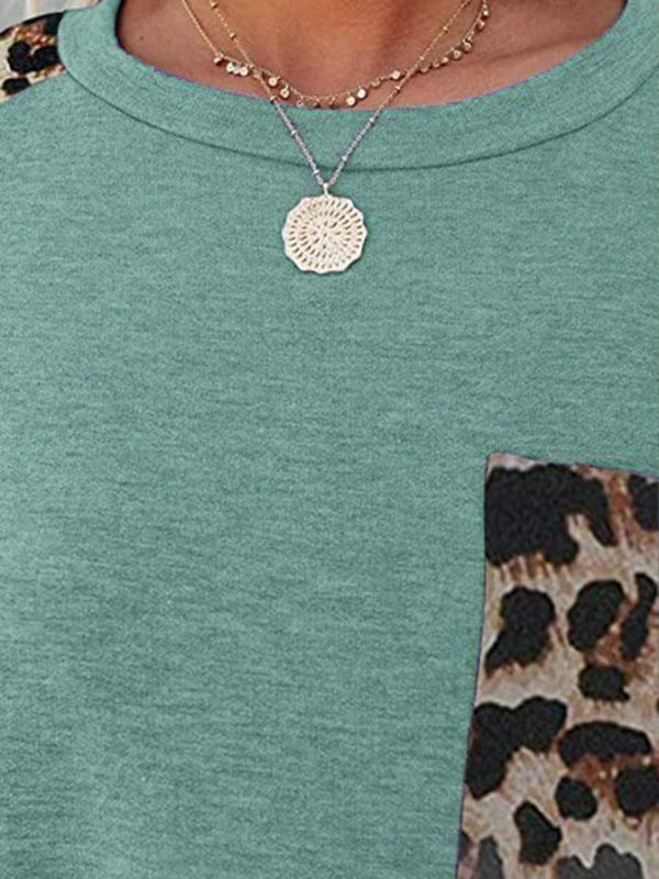 Freizeit-T-Shirt mit Rundhalsausschnitt, Leopardentaschen und Raglanärmeln