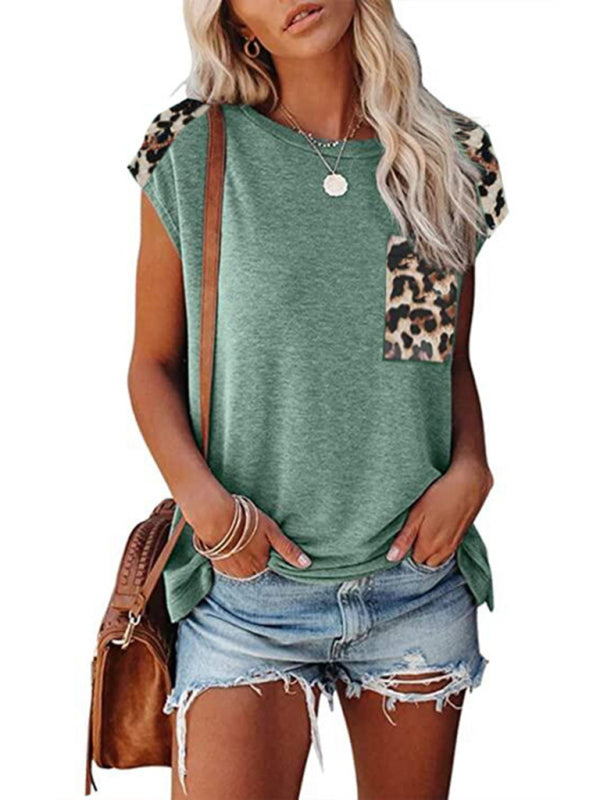 Freizeit-T-Shirt mit Rundhalsausschnitt, Leopardentaschen und Raglanärmeln