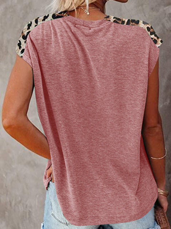 Freizeit-T-Shirt mit Rundhalsausschnitt, Leopardentaschen und Raglanärmeln