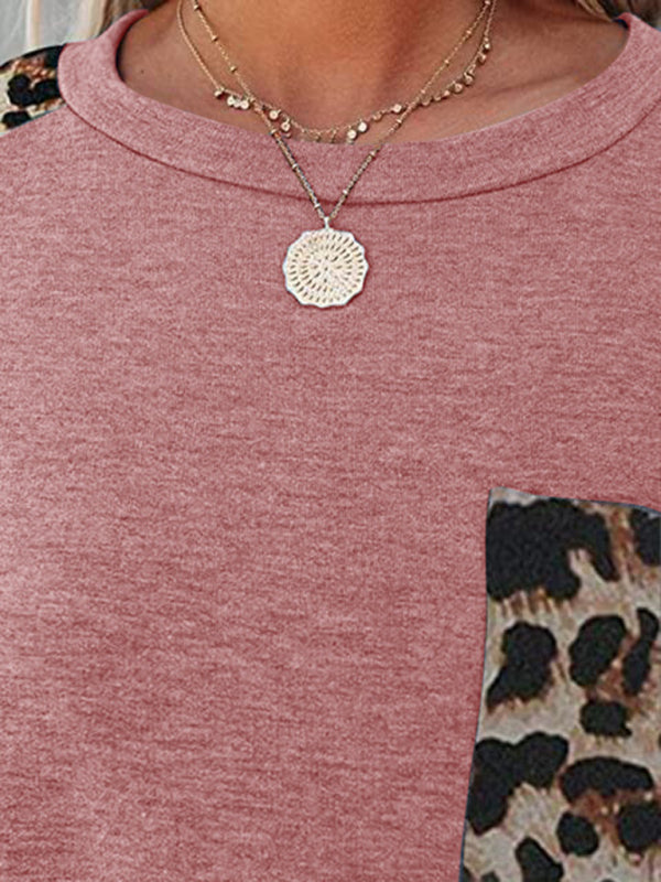 Freizeit-T-Shirt mit Rundhalsausschnitt, Leopardentaschen und Raglanärmeln