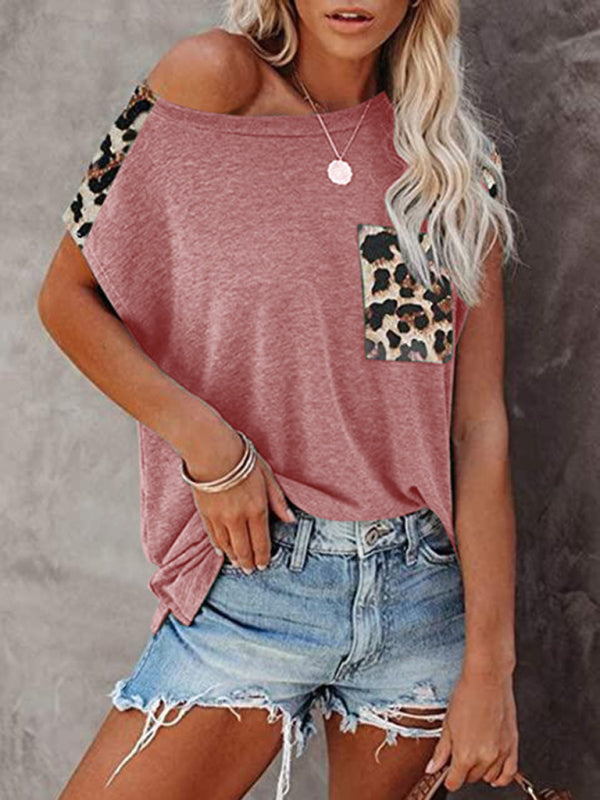 Freizeit-T-Shirt mit Rundhalsausschnitt, Leopardentaschen und Raglanärmeln