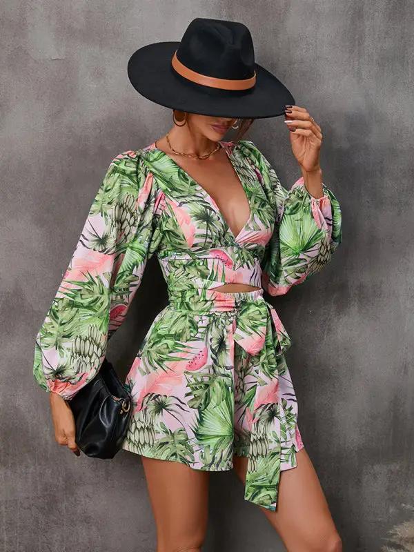 Green floral V-neck jumpsuit with long sleeves