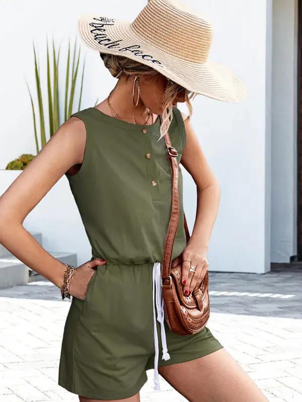 Olive green jumpsuit with buttons and drawstring