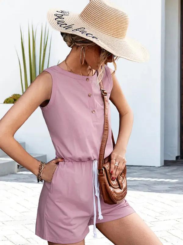 Pink sleeveless button casual jumpsuit
