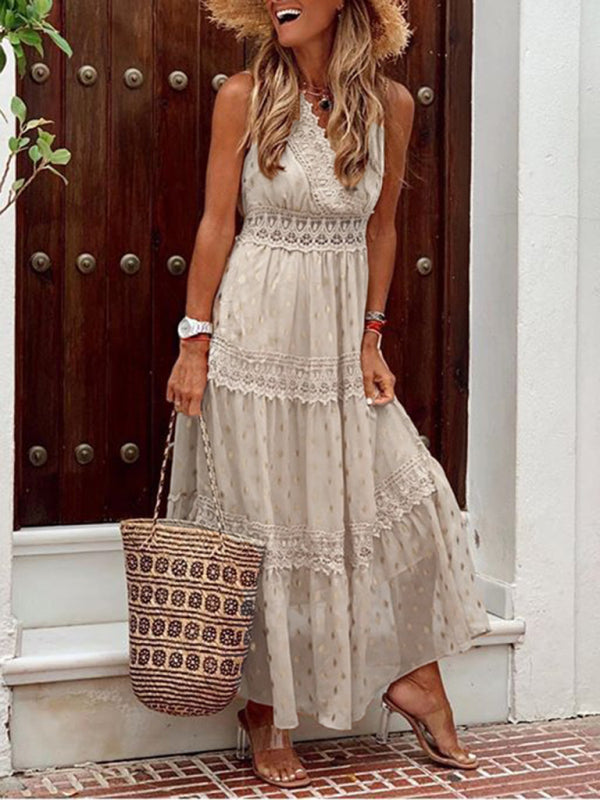 Ärmelloses Midikleid aus Chiffon mit tiefem V-Ausschnitt und Spitzeneinsatz für Damen