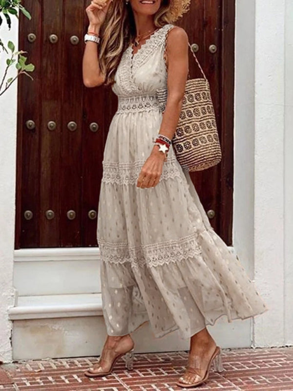 Ärmelloses Midikleid aus Chiffon mit tiefem V-Ausschnitt und Spitzeneinsatz für Damen