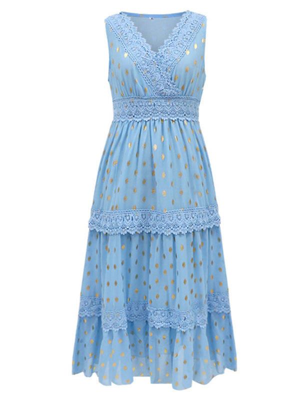 Ärmelloses Midikleid aus Chiffon mit tiefem V-Ausschnitt und Spitzeneinsatz für Damen