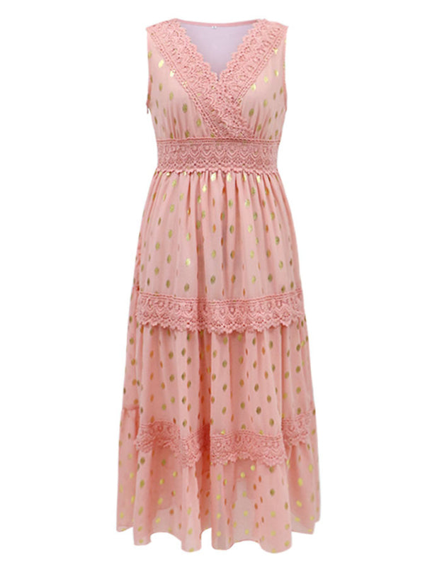 Ärmelloses Midikleid aus Chiffon mit tiefem V-Ausschnitt und Spitzeneinsatz für Damen