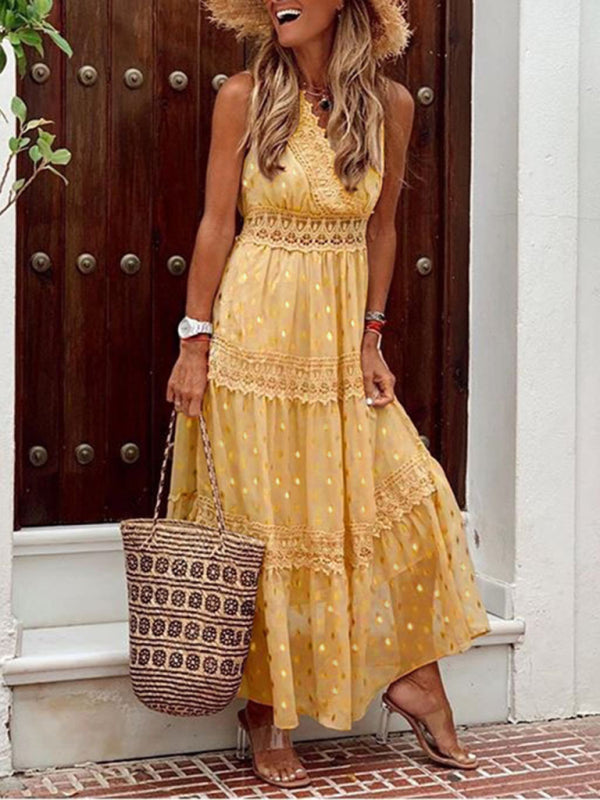 Ärmelloses Midikleid aus Chiffon mit tiefem V-Ausschnitt und Spitzeneinsatz für Damen