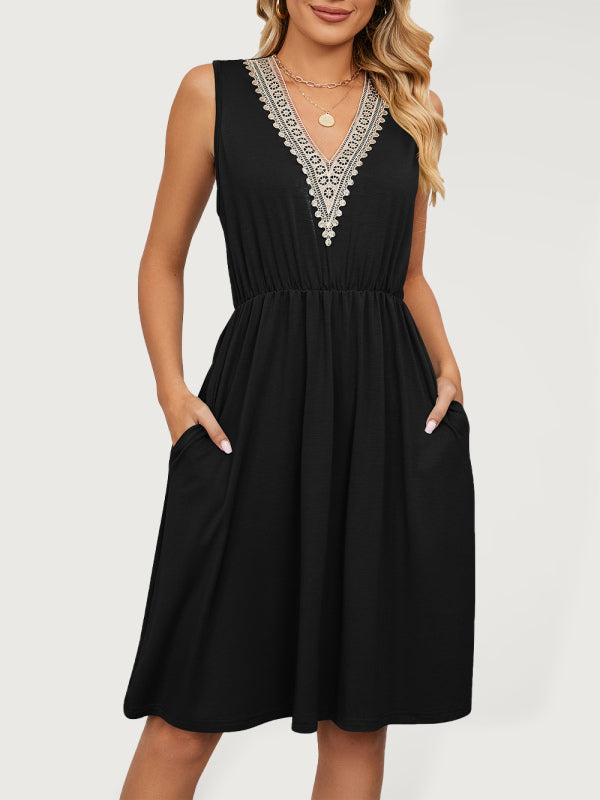 Damenkleid aus gestrickter Spitze mit V-Ausschnitt und ärmelloser Taillentasche