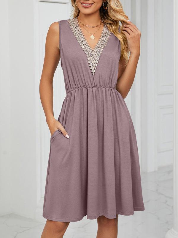 Damenkleid aus gestrickter Spitze mit V-Ausschnitt und ärmelloser Taillentasche