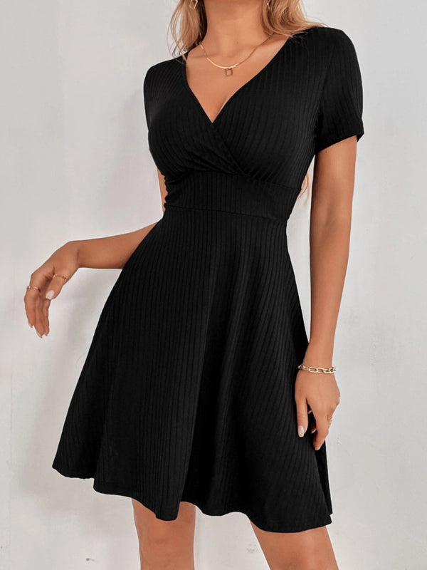 Robe tricotée Sexy dos nu pour femmes, col en v, à volants, manches courtes