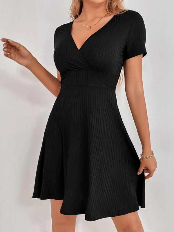 Robe tricotée Sexy dos nu pour femmes, col en v, à volants, manches courtes