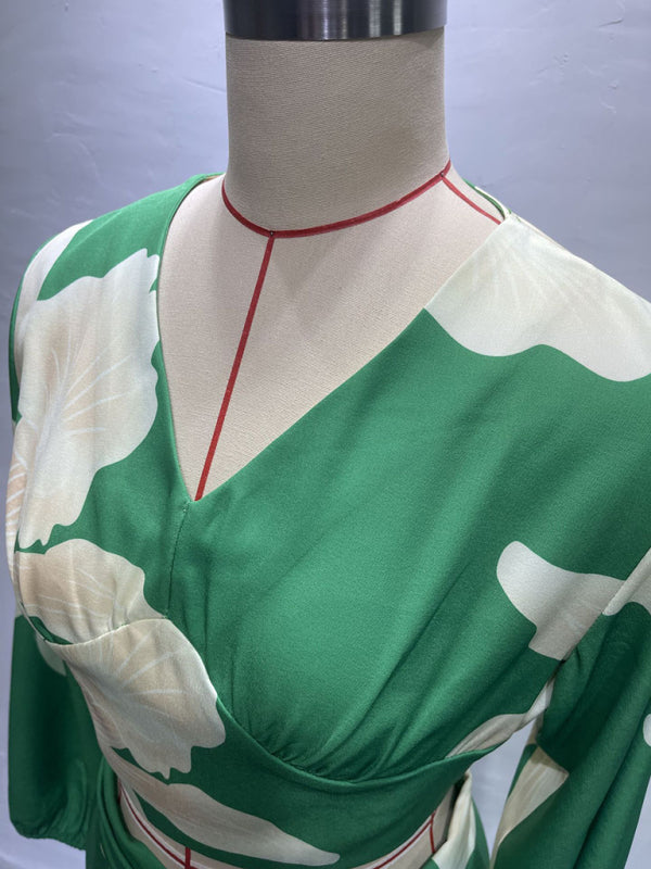 Zweiteiliges Set mit bedrucktem V-Ausschnitt, Laternenärmeln, kurzer Bluse, hoher Taille und Hose mit weitem Bein
