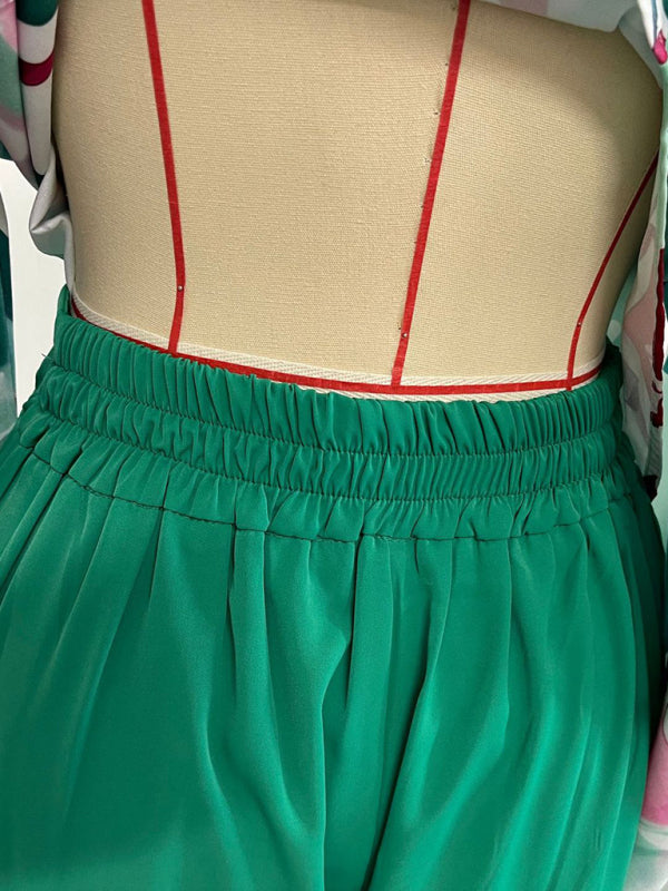Lockeres, lässiges Sommer-Set aus bedrucktem Hemd, Oberteil und Hose mit weitem Bein