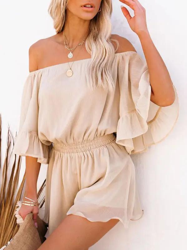 Beige off-shoulder chiffon jumpsuit with ruffled sleeves