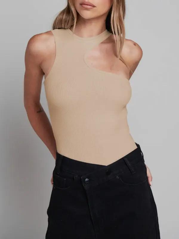 Beige knitted tight sleeveless bodysuit, front view