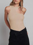 Beige knitted tight sleeveless bodysuit, front view