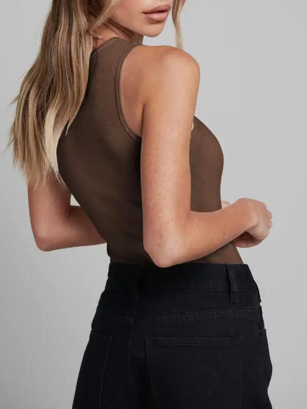 Back view of brown ribbed sleeveless jumpsuit