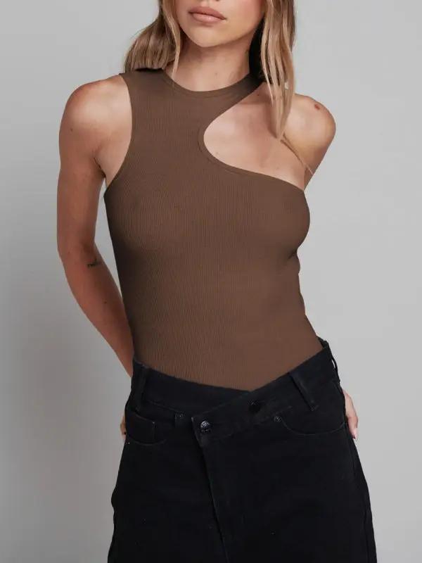 Brown knitted tight sleeveless bodysuit, front view