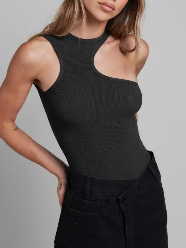 Black knitted tight sleeveless bodysuit, front view