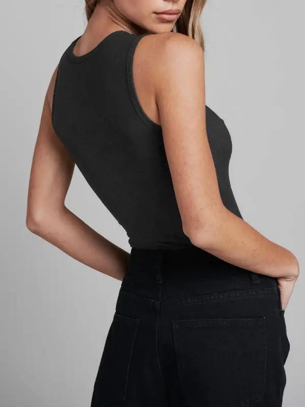 Back view of black ribbed sleeveless jumpsuit