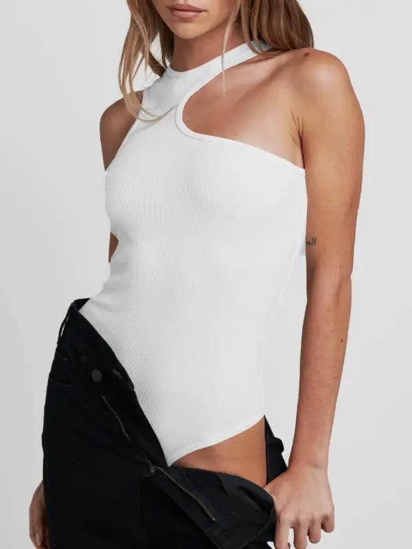 White ribbed sleeveless jumpsuit with hollow design