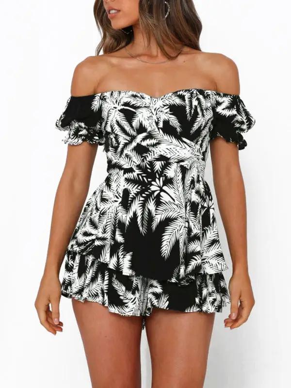 Black and white leaf print off-shoulder jumpsuit