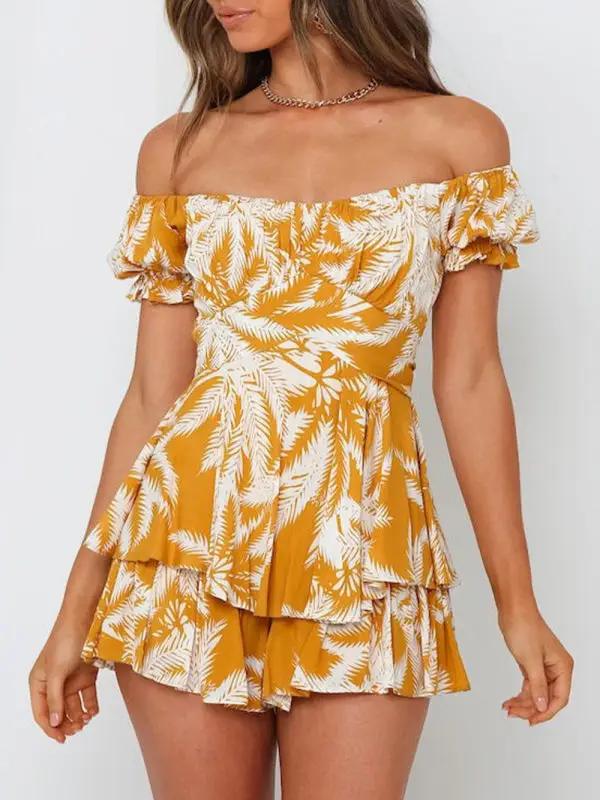 Orange leaf print off-shoulder short-sleeved jumpsuit