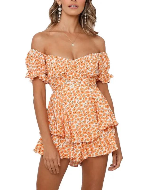 Orange floral off-shoulder short-sleeved jumpsuit
