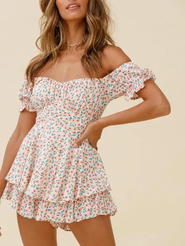 Pink floral off-shoulder short-sleeved jumpsuit