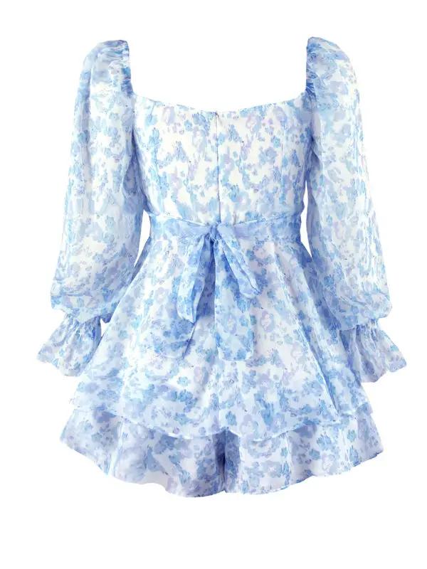 Blue floral one-neck lantern sleeve jumpsuit back