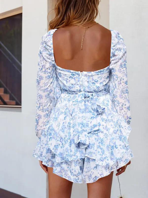 Blue floral one-neck lantern sleeve jumpsuit back view