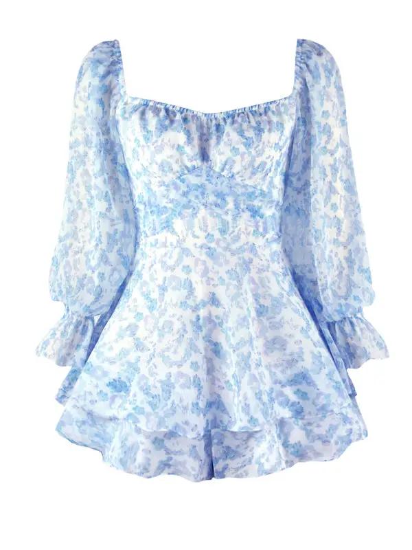 Blue floral one-neck lantern sleeve jumpsuit front