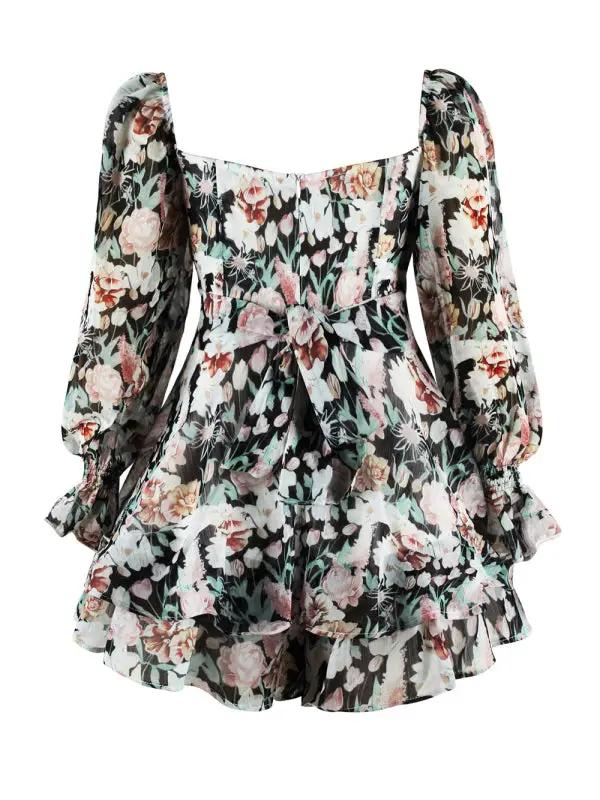Black floral one-neck lantern sleeve jumpsuit back