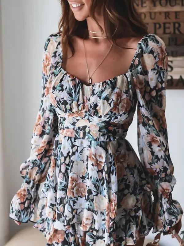 Black floral one-neck lantern sleeve jumpsuit front