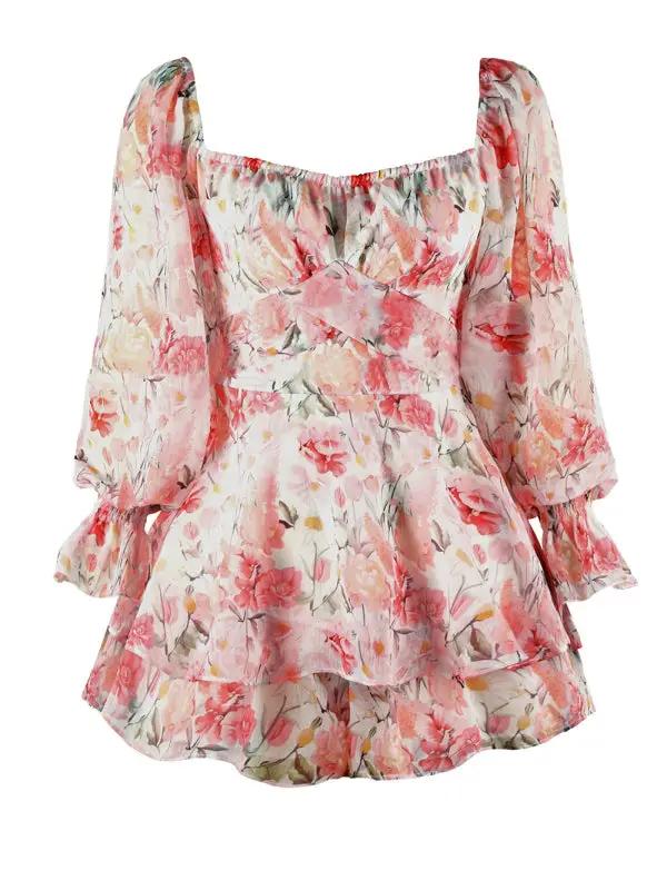 Pink floral one-neck lantern sleeve jumpsuit front