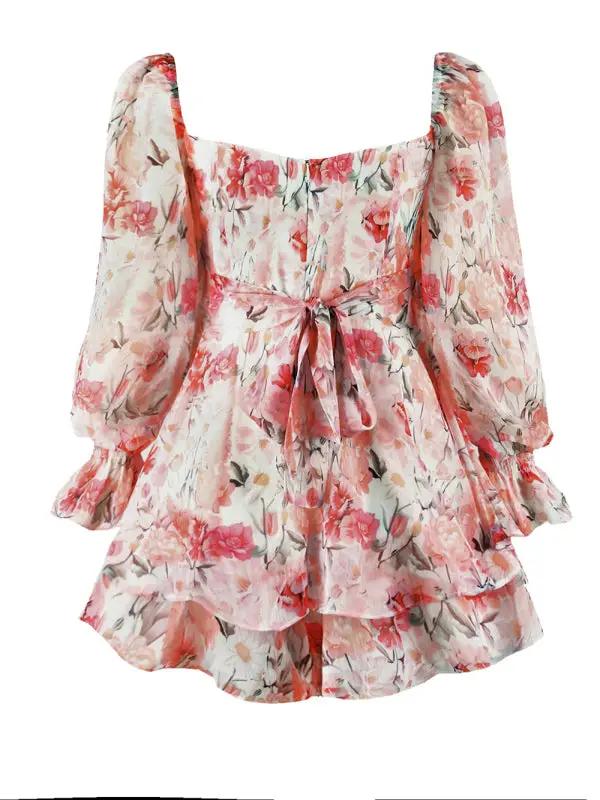 Pink floral one-neck lantern sleeve jumpsuit back