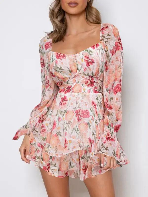 Pink floral one-neck lantern sleeve jumpsuit front view