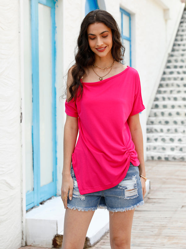 Neues Temperament-T-Shirt-Oberteil mit One-Shoulder-Knopf und kurzen Ärmeln